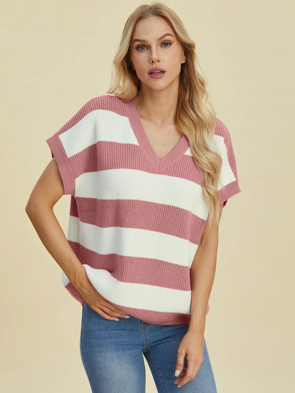 Sarah Express Women's Striped V-Neck Short Sleeve Sweater