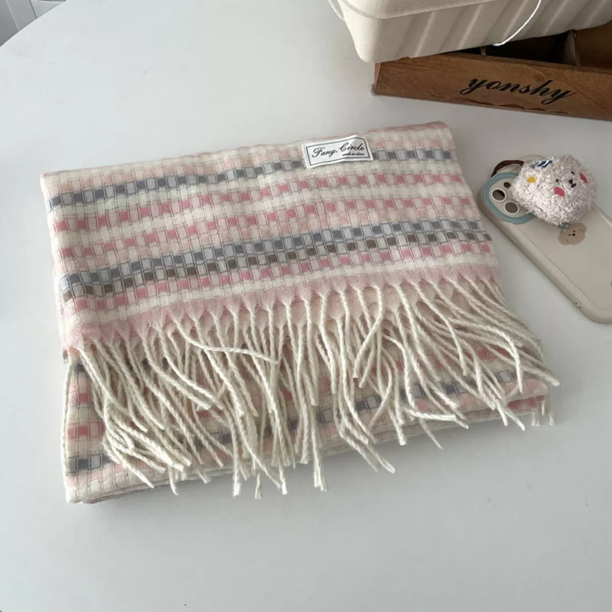 Sarah Express Women's Plaid Fringe Warm Scarf Beige One Size