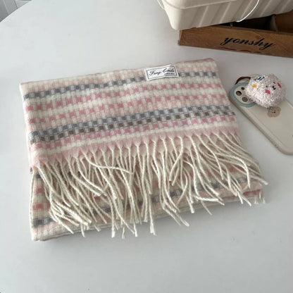 Sarah Express Women's Plaid Fringe Warm Scarf Beige One Size