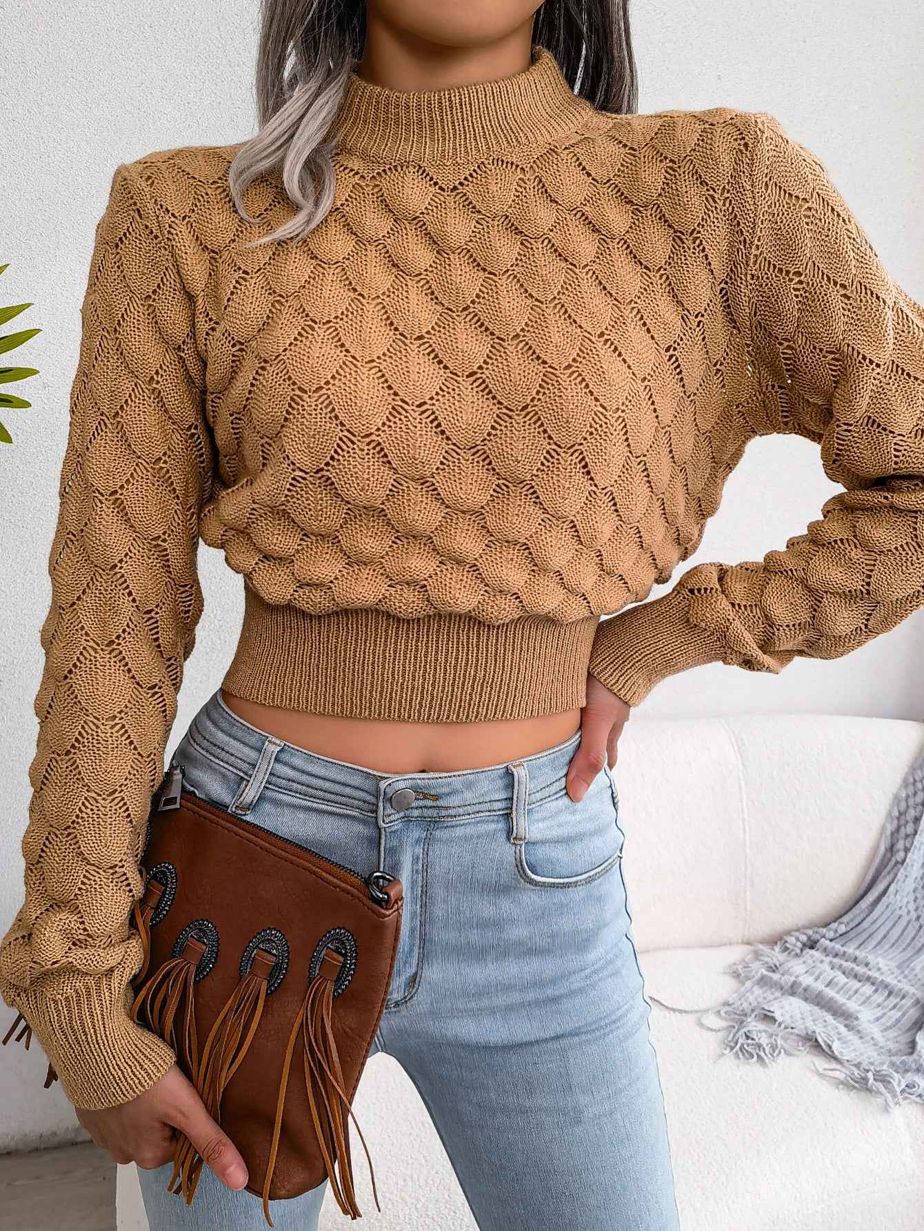 Sarah Express Women's 3D Diamond Knit Long Sleeve Cropped Sweater