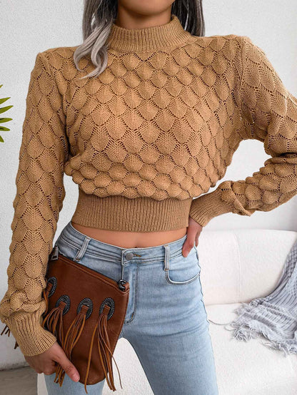 Sarah Express Women's 3D Diamond Knit Long Sleeve Cropped Sweater