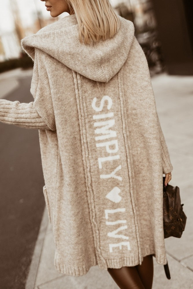 Sarah Express Women's Letter Print Hooded Long Cardigan Oversized Knit