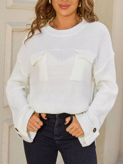 Sarah Express Women's Pocket Detail Round Neck Sweater - Button Front Cardigan White