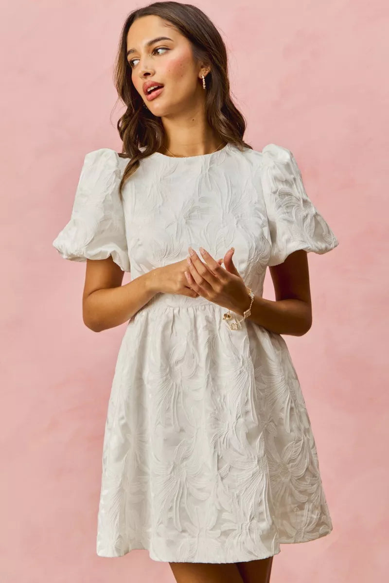 Sarah Express Women's Floral Jacquard Bubble Sleeve Mini Dress