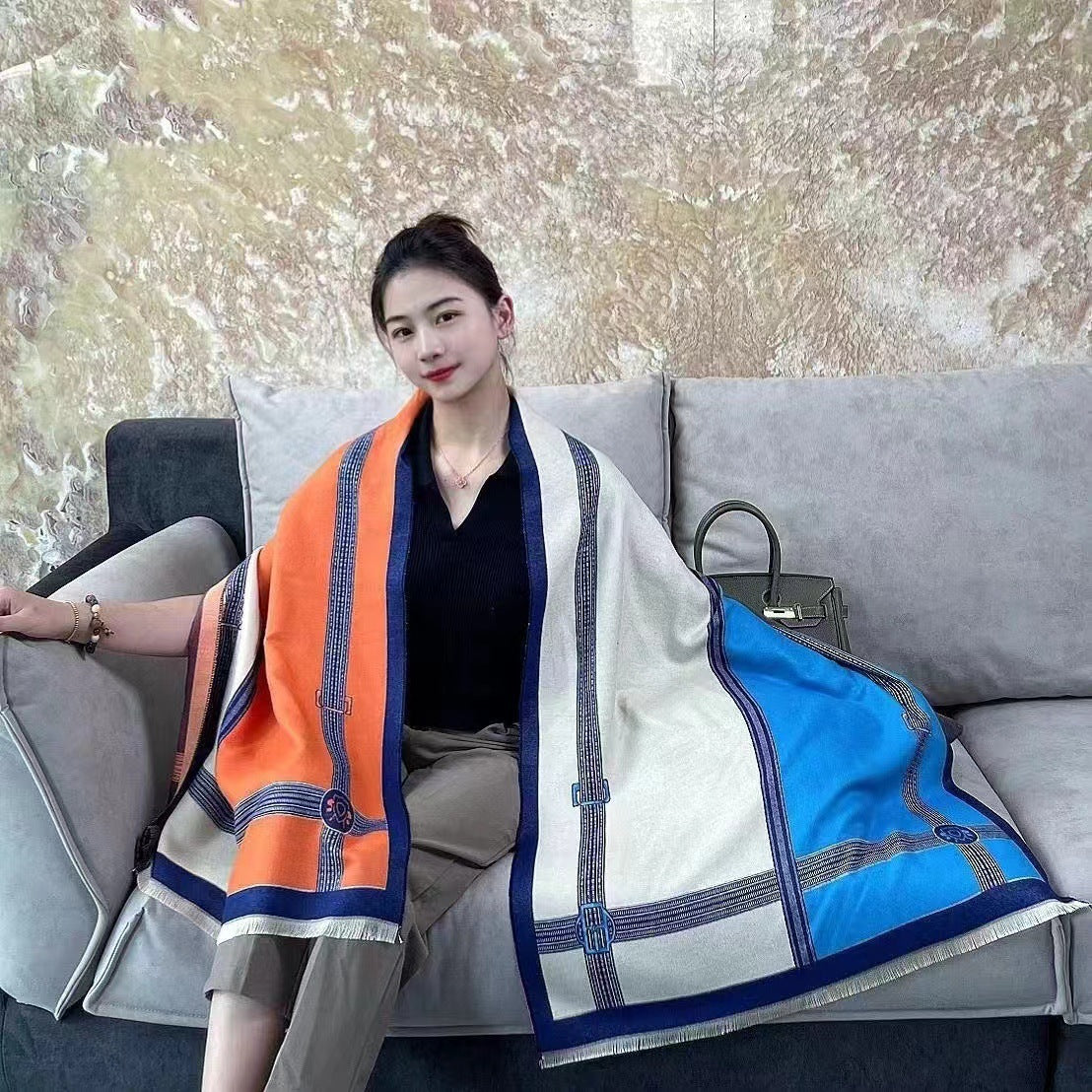 Sarah Express Women's Contrast Color Scarf - Oversized Soft Cotton Wrap Shawl Korean Style
