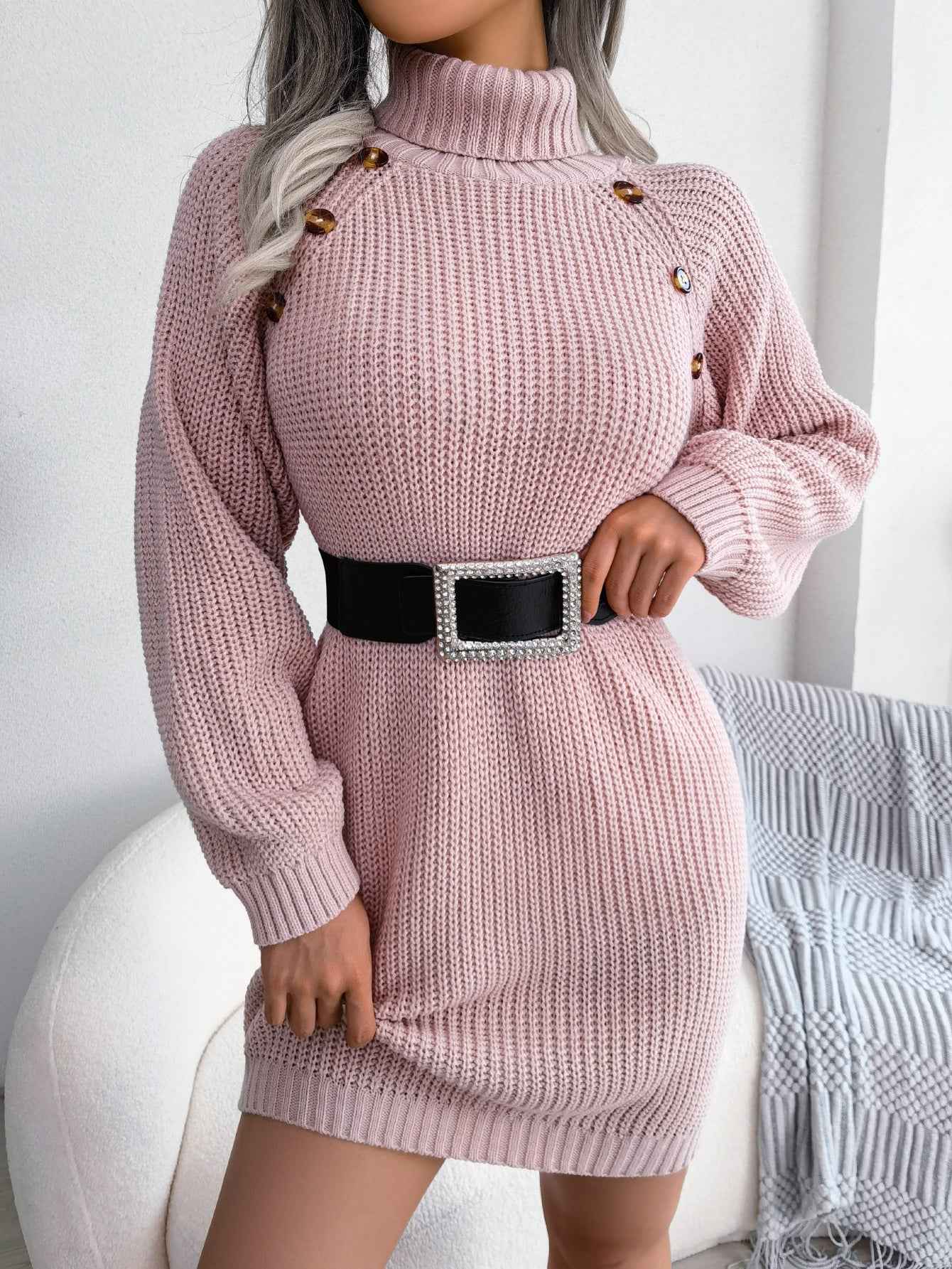 Sarah Express Women's Turtleneck Sweater Dress Long Sleeve Button Front Bodycon Knit Dress
