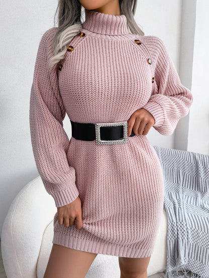 Sarah Express Women's Turtleneck Sweater Dress Long Sleeve Button Front Bodycon Knit Dress Pink