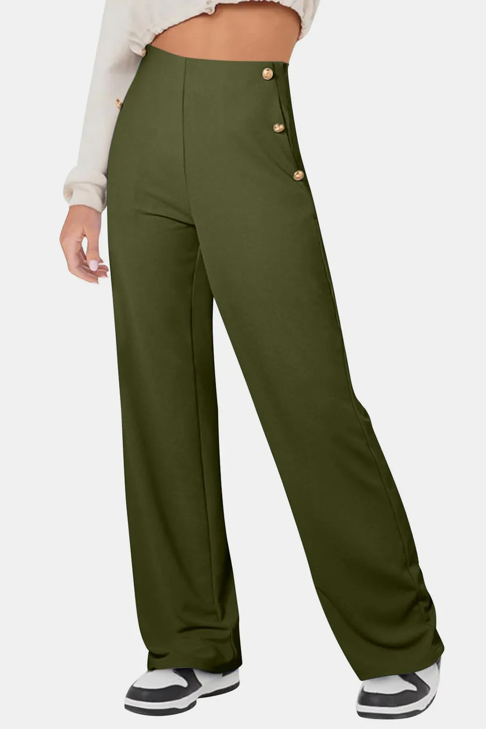 Sarah Express Women's Decorative Button High Rise Pants Army Green