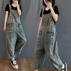 Sarah Express Ripped Denim Overalls Women Retro Light Wash Cotton Summer