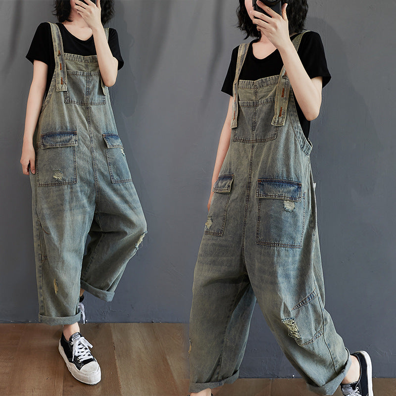 Sarah Express Ripped Denim Overalls Women Retro Light Wash Cotton Summer
