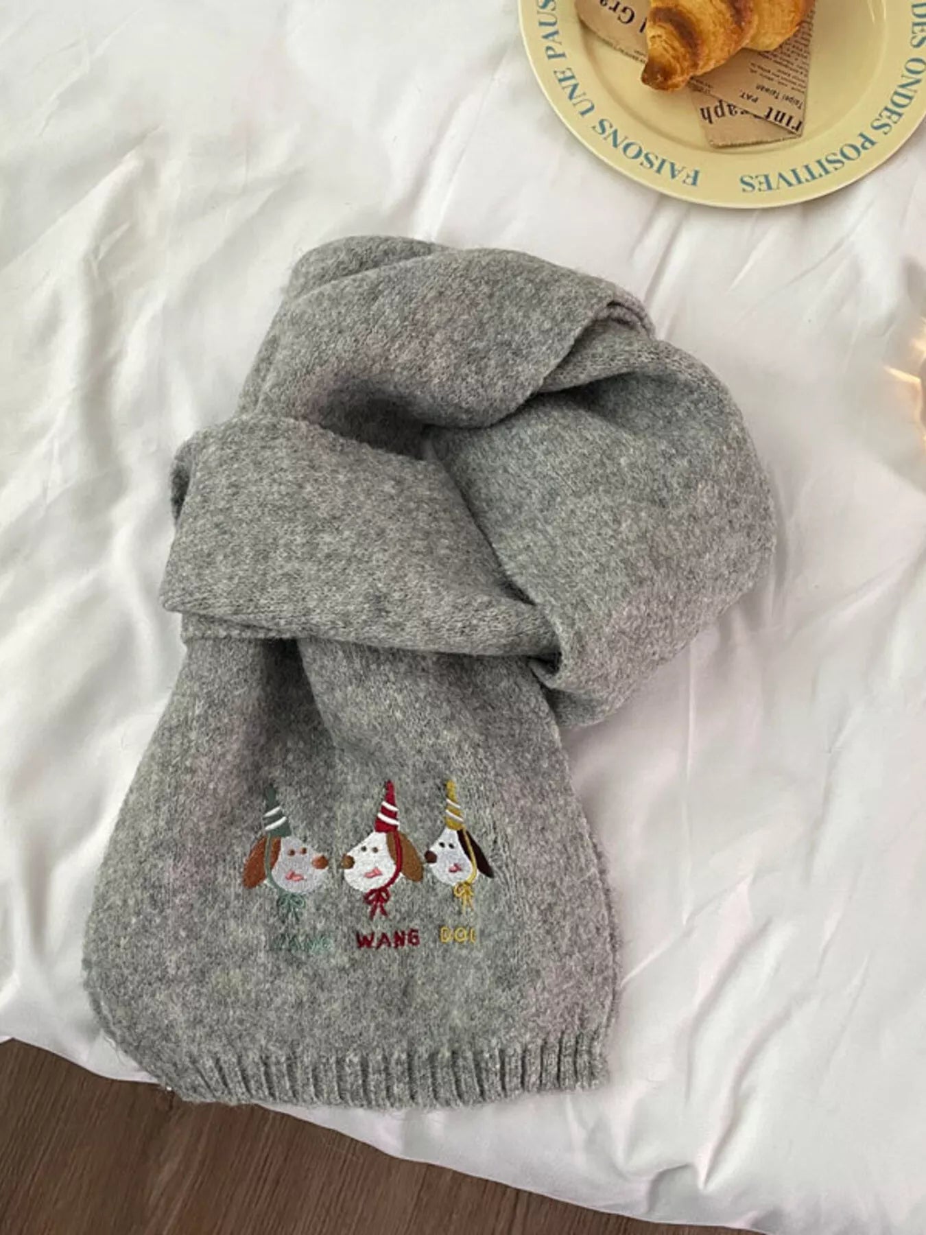 Sarah Express Women's Embroidered Dog Plush Scarf Gray ONESIZE