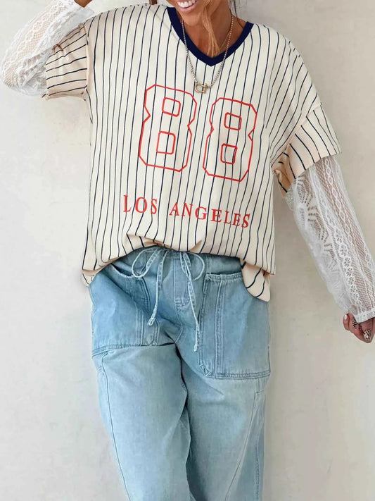 Sarah Express Women's Stripe 88 Los Angeles Graphic Lace Patchwork V-Neck Top White