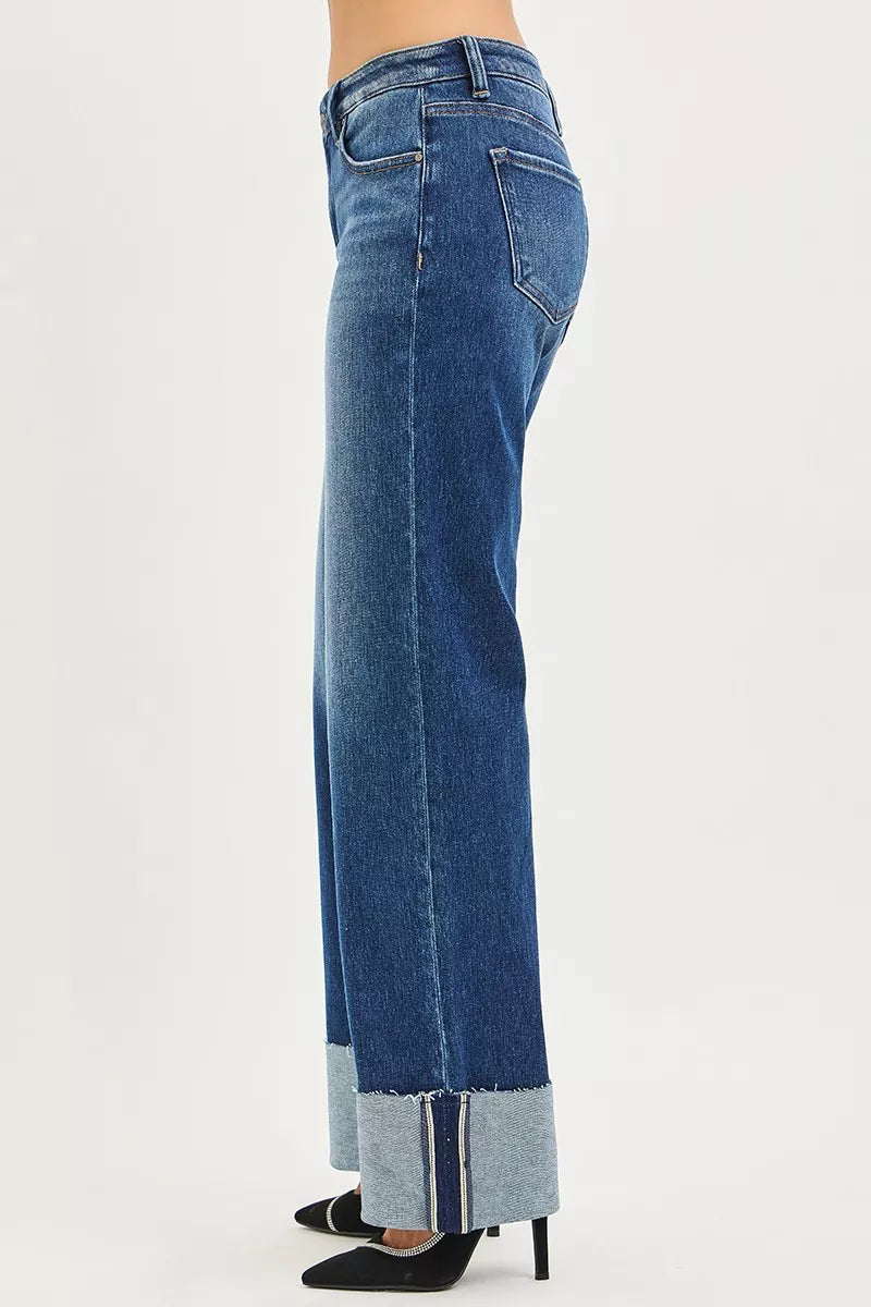 Sarah Express Women's Mid Rise Wide Straight Jeans With Wide Cuff
