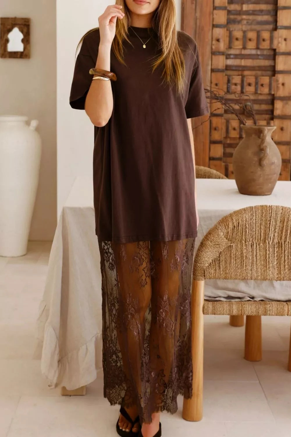 Sarah Express Women's Casual Short Sleeve Lace Maxi Tee Dress Dark Brown