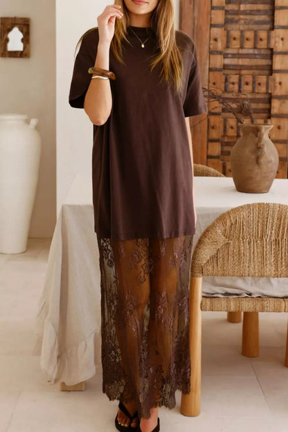 Sarah Express Women's Casual Short Sleeve Lace Maxi Tee Dress Dark Brown