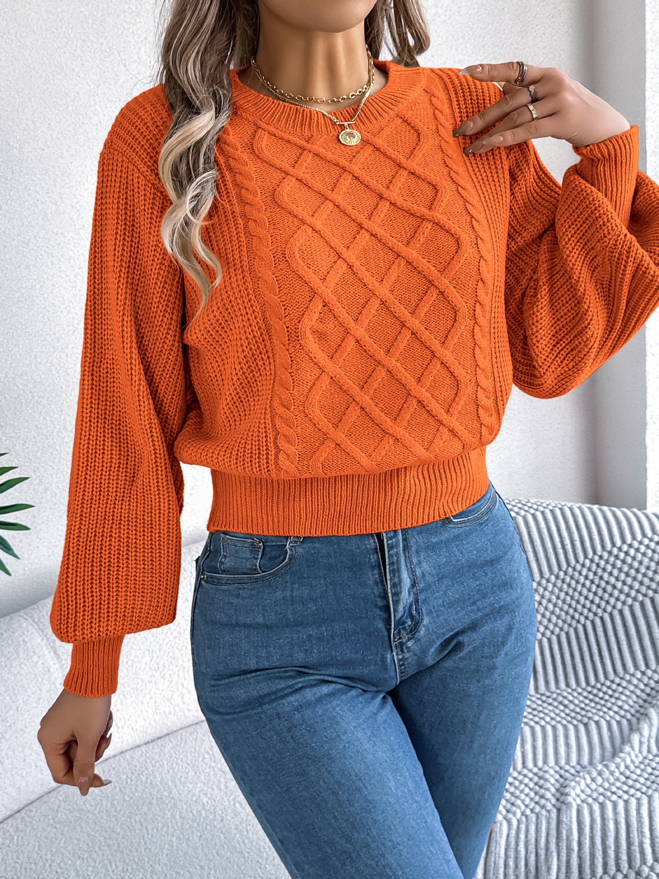 Sarah Express Women's Cable Knit Lantern Sleeve Pullover Sweater - Cinched Waist Crew Neck