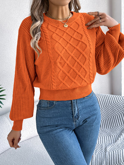 Sarah Express Women's Cable Knit Lantern Sleeve Pullover Sweater - Cinched Waist Crew Neck