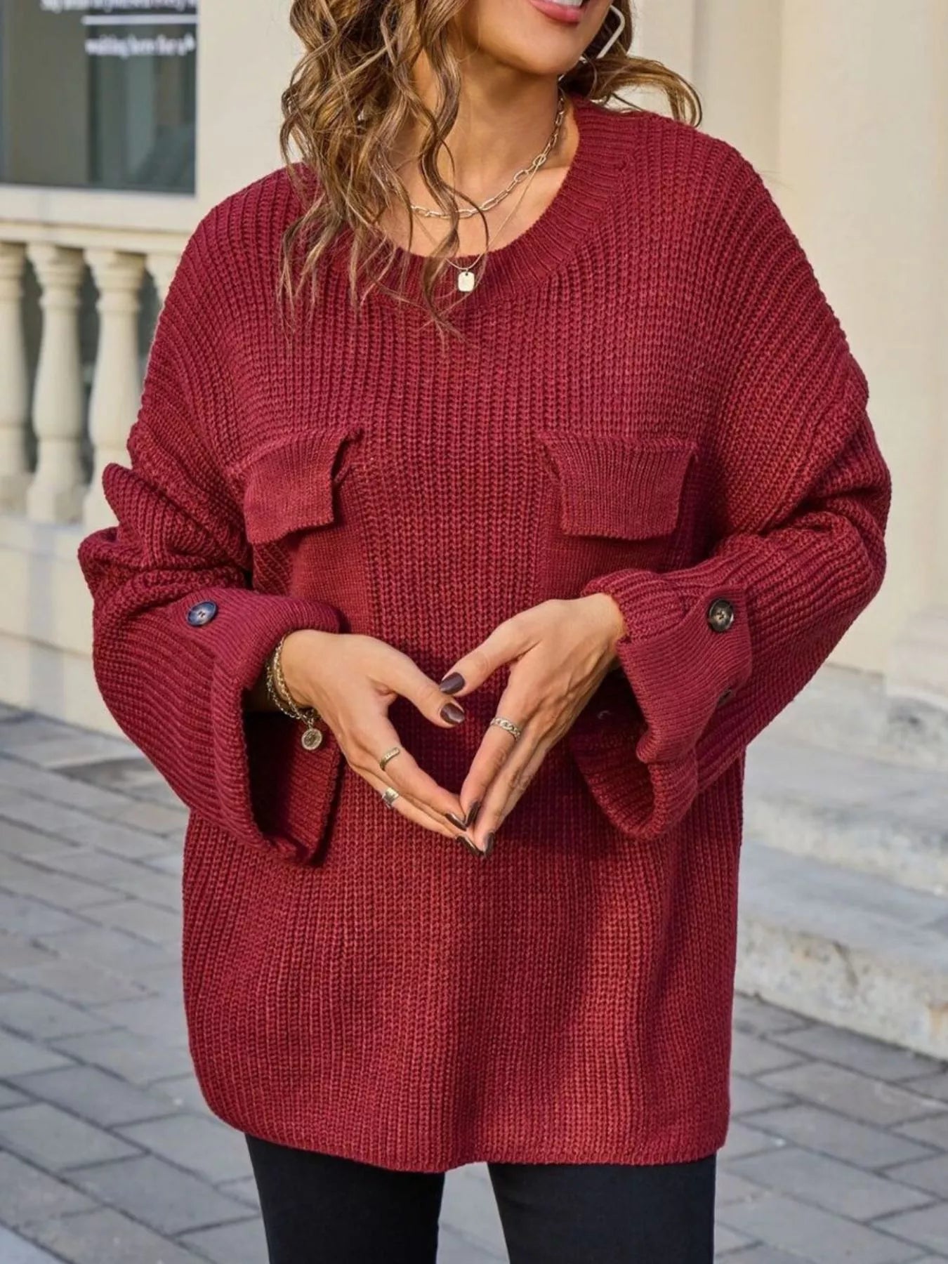 Sarah Express Women's Pocket Detail Round Neck Sweater - Button Front Cardigan