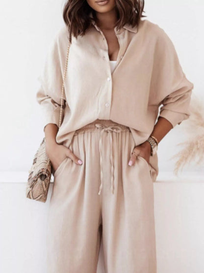 Sarah Express Women's Plus Size Button Up Shirt and Pants Two-Piece Set - Relaxed Fit Casual Outfit