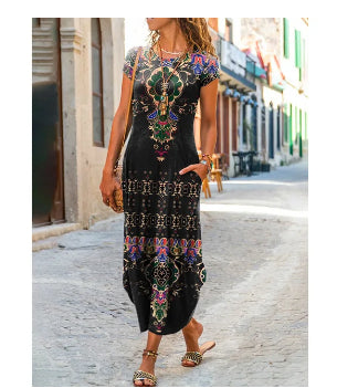 Sarah Express Women's Printed Pocket Dress Short Sleeve Round Neck Casual Summer Dress Element 2