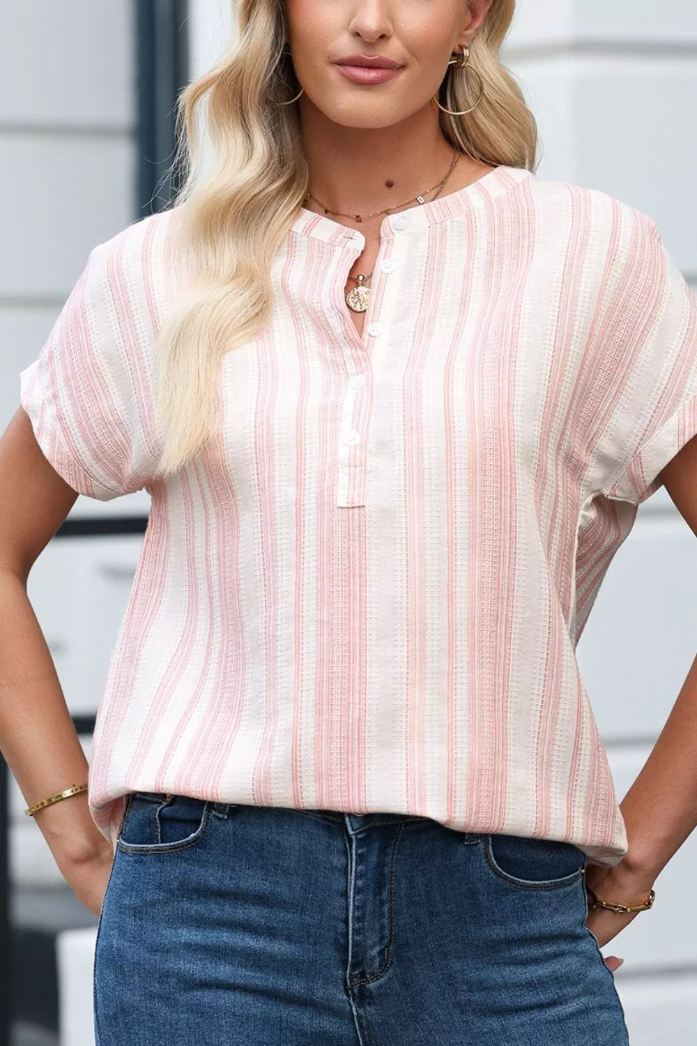 Sarah Express Women's Striped Button Detail Short Sleeve Blouse - Casual Cotton Blend Top