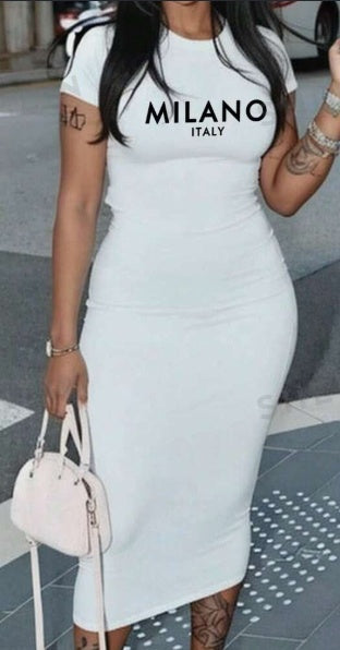 Sarah Express Milano Knit Bodycon Dress Women's Short Sleeve Crew Neck Midi Length Summer Dress