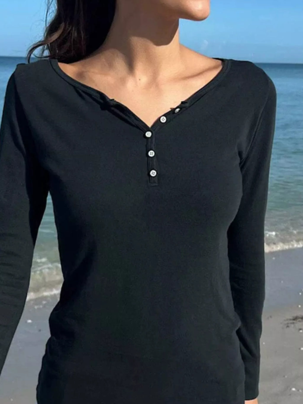 Sarah Express Women's Striped Long Sleeve Henley T-Shirt