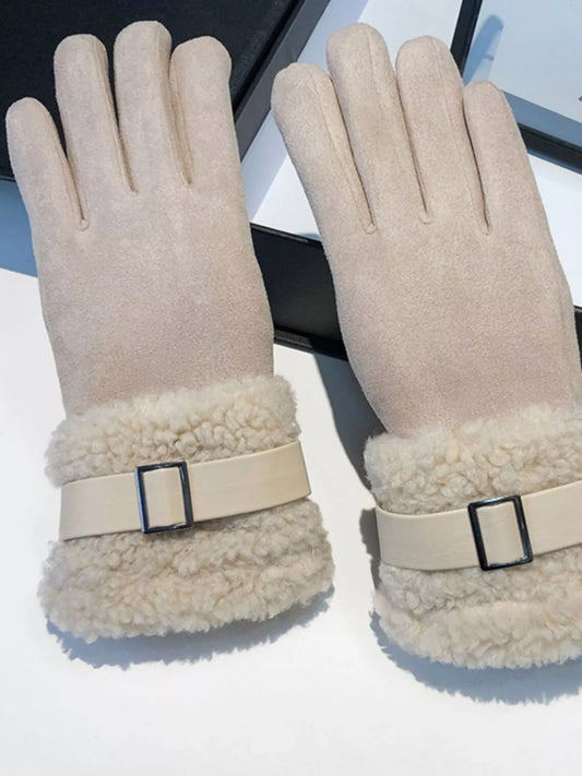 Sarah Express Women's Suede Gloves with Faux Fur Cuff - Winter Warm Touchscreen Compatible