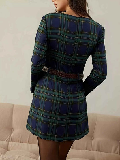 Sarah Express Women's Plaid Print Long Sleeve A-Line Dress - Fall Winter Casual Midi Dress