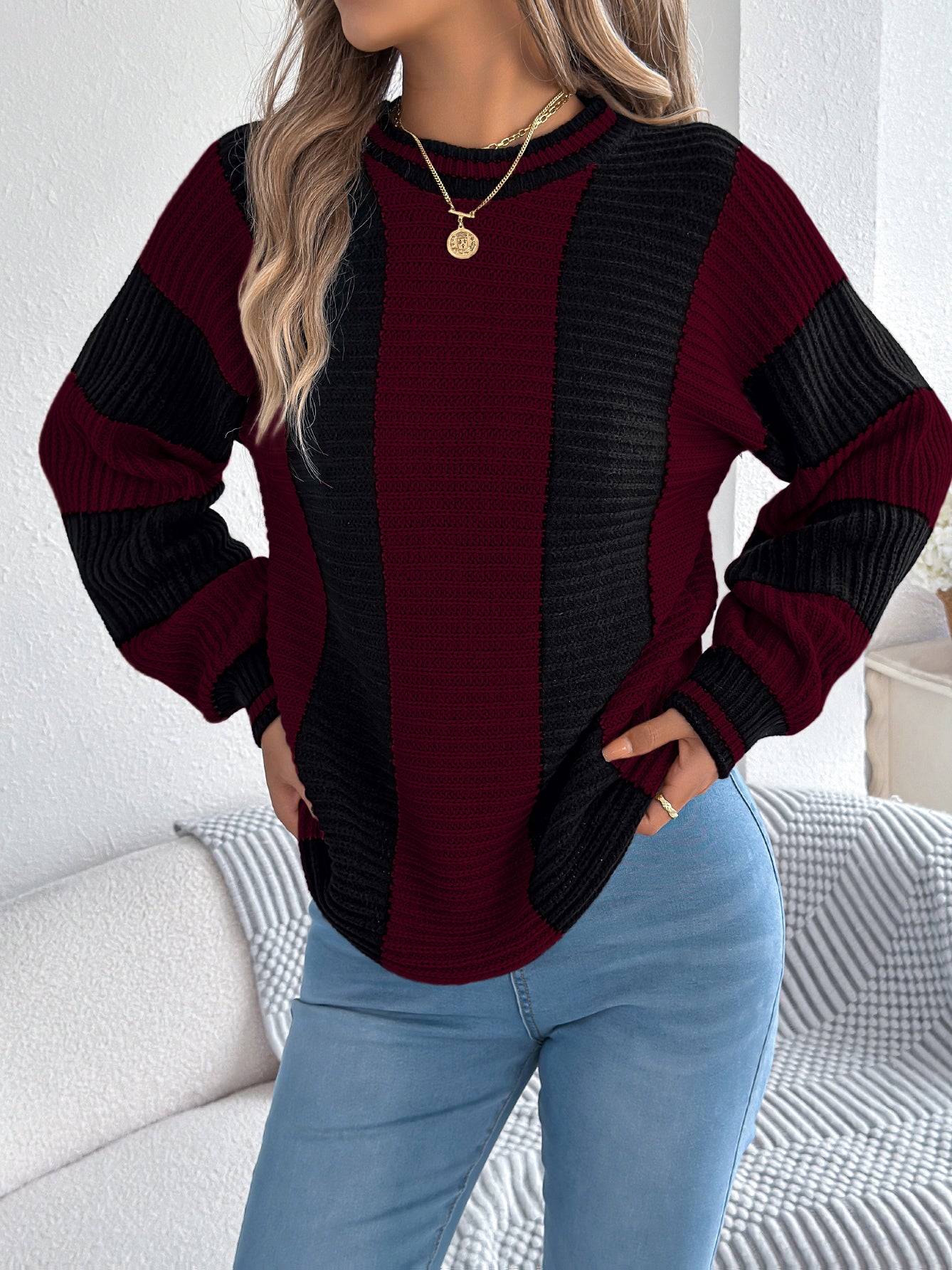 Sarah Express Women's Color Block Stripe Lantern Sleeve Pullover Sweater