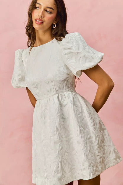 Sarah Express Women's Floral Jacquard Bubble Sleeve Mini Dress