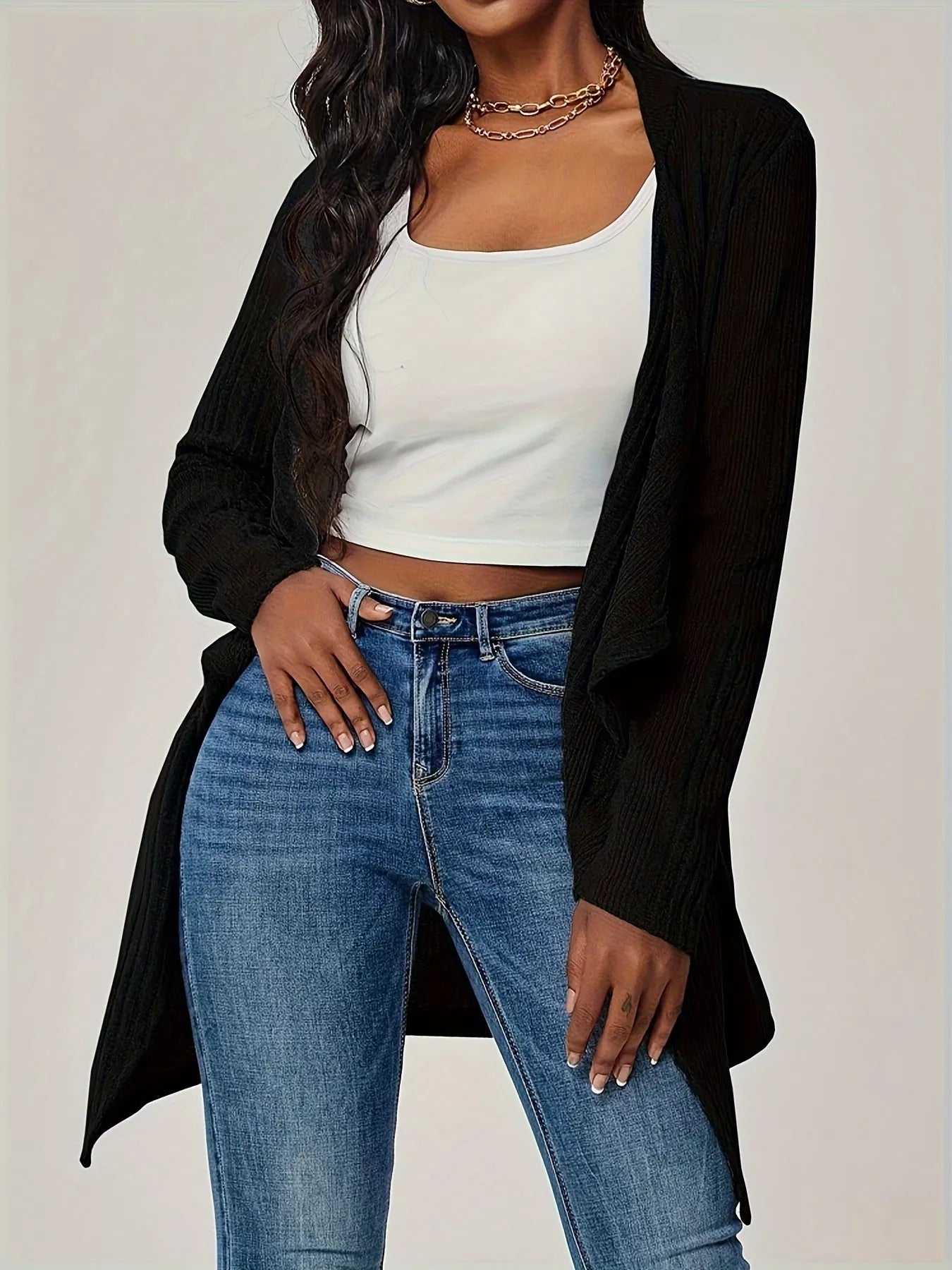 Sarah Express Women's Ribbed Knit Open Front Cardigan - Long Sleeve Lightweight Sweater