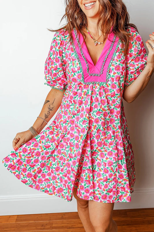 Sarah Express Women's Floral Print V Neck Mini Dress Short Bubble Sleeve Patchwork Fuchsia Pink