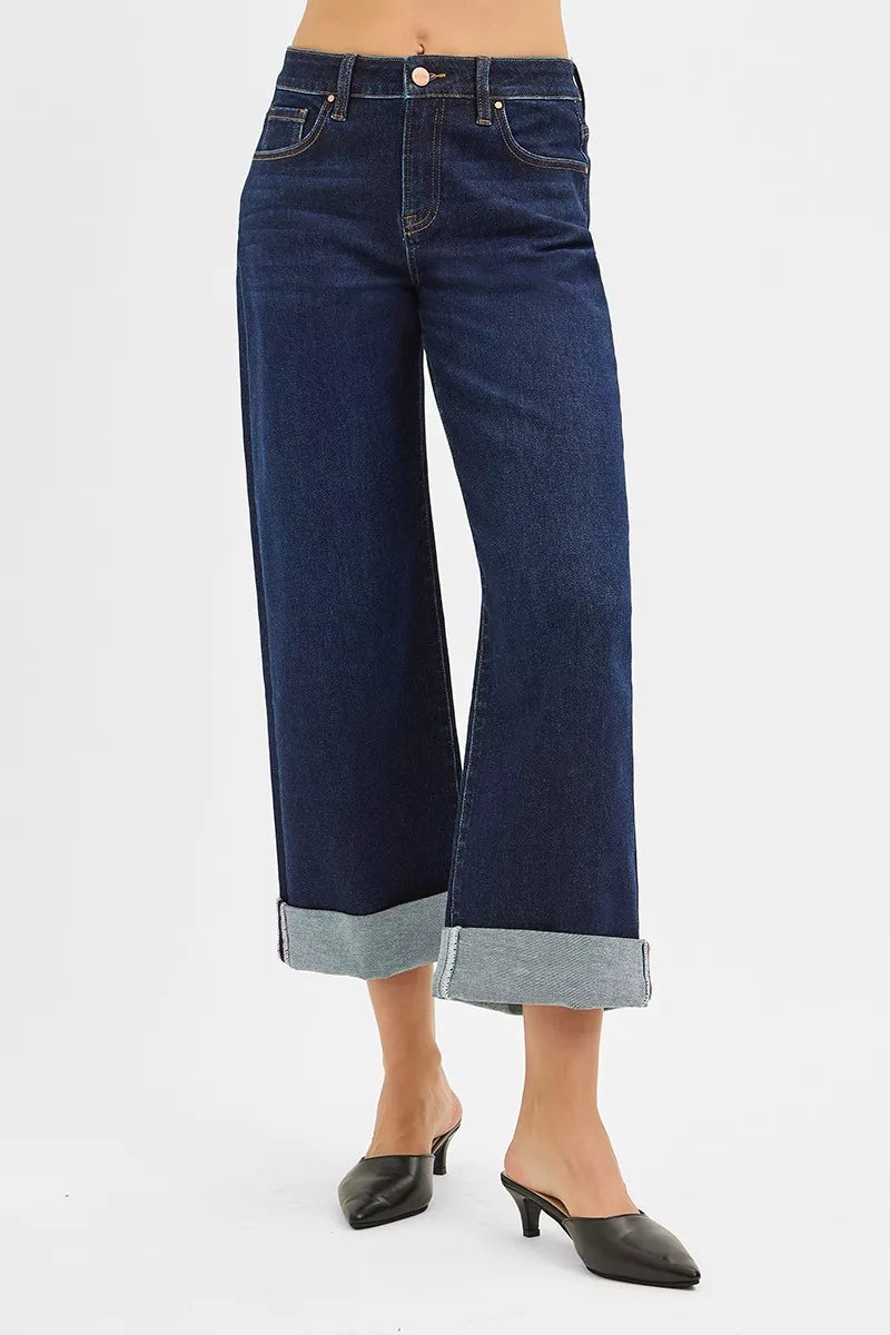 Sarah Express Women’s Mid Rise Ankle Jeans with Wide Roll Up Cuff
