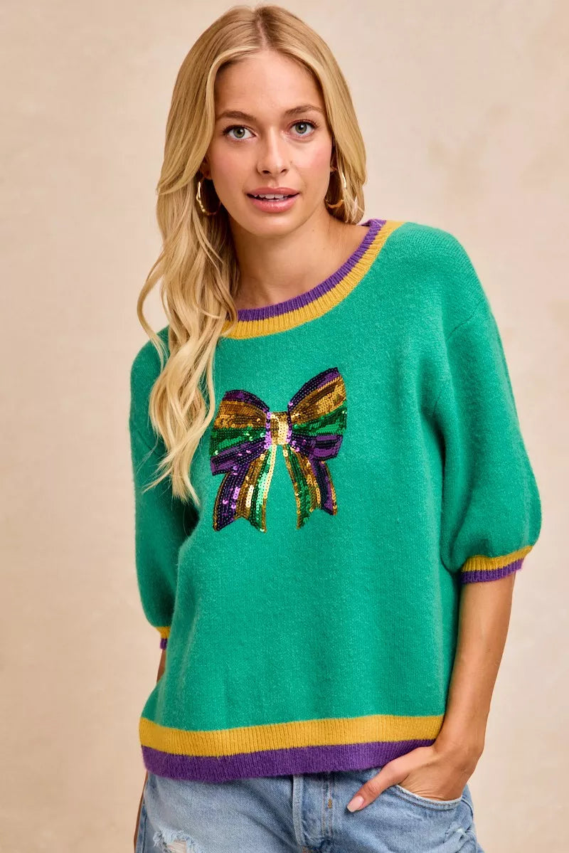 Sarah Express Women's Mardi Gras Sequin Ribbon Patched Sweater