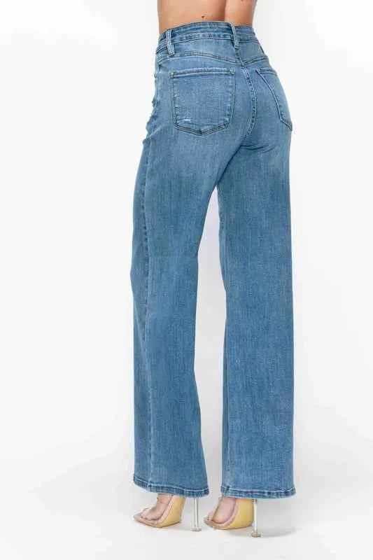 Sarah Express Women's High Rise Wide Leg Jeans with Pockets - Premium Stretch Denim