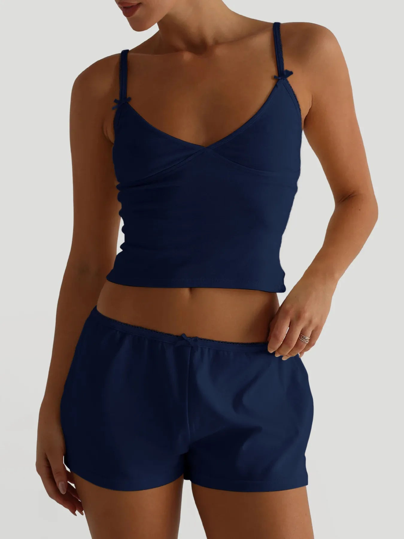 Sarah Express Women's V-Neck Cami and Shorts Set - Two-Piece Loungewear Navy Blue