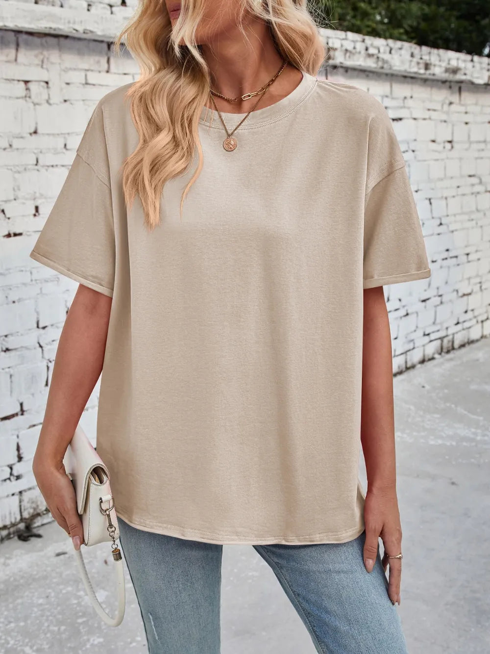 Sarah Express Women's Exposed Seam Round Neck Half Sleeve T-Shirt Dust Storm