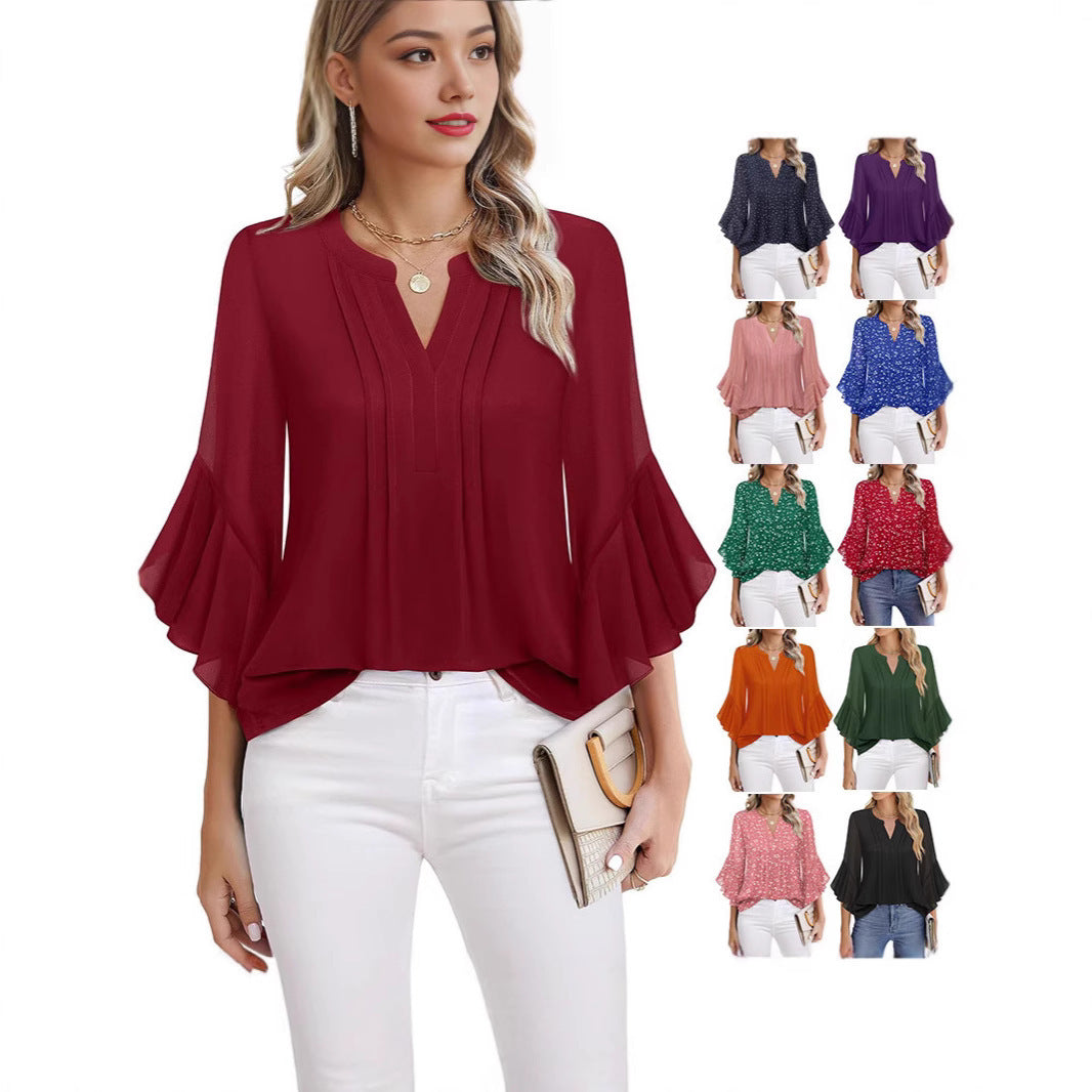 Sarah Express Women's Lotus Leaf Ruffle Sleeve Pullover Top Loose Fit 3/4 Sleeve