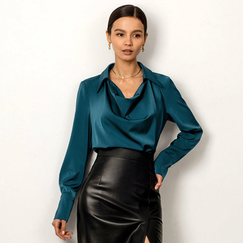 Sarah Express Women's Long Sleeve Shirt Irregular Drape Collar Polyester
