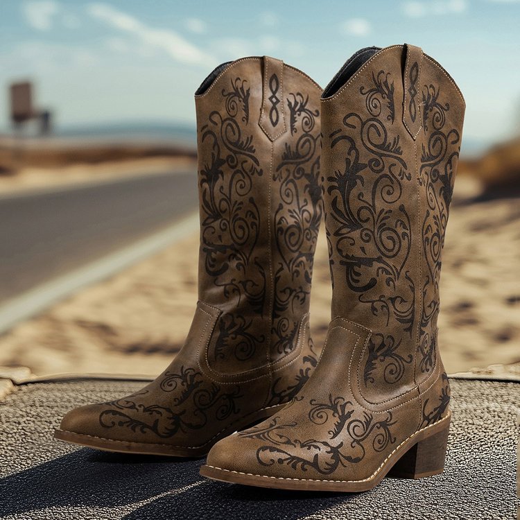 Sarah Express Women's Embroidered Knight Boots - Pointed Toe Mid Heel Chunky Heel Slip-On Boots