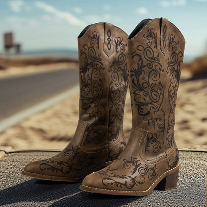 Sarah Express Women's Embroidered Knight Boots - Pointed Toe Mid Heel Chunky Heel Slip-On Boots