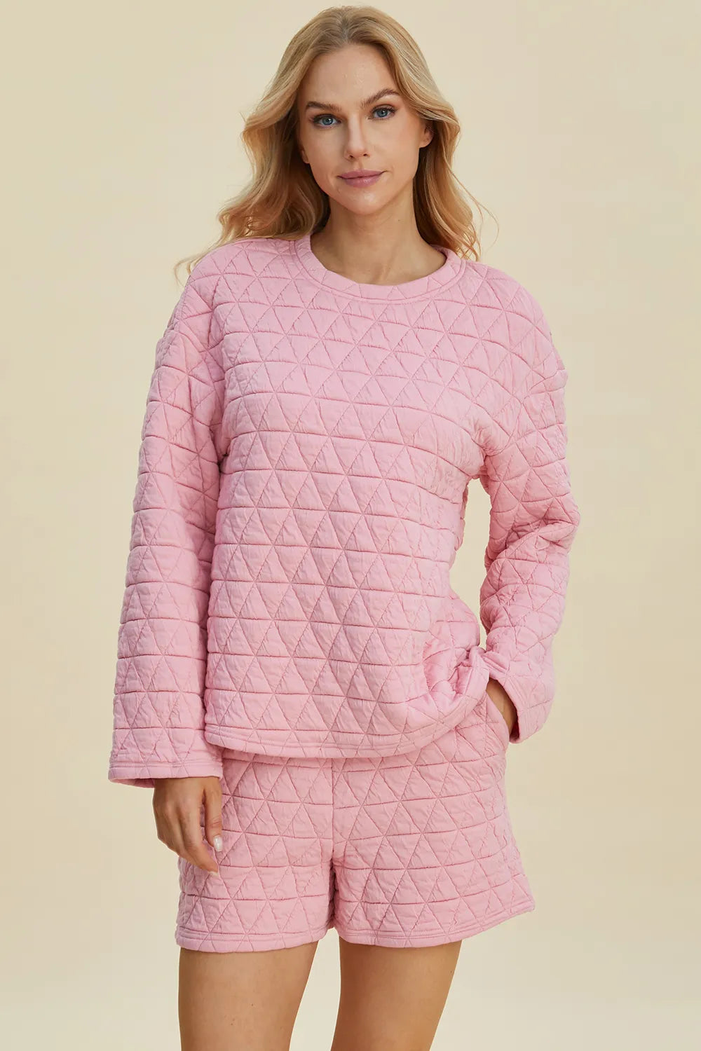 Sarah Express Women’s Plus Size Textured Long Sleeve Top and Shorts Set
