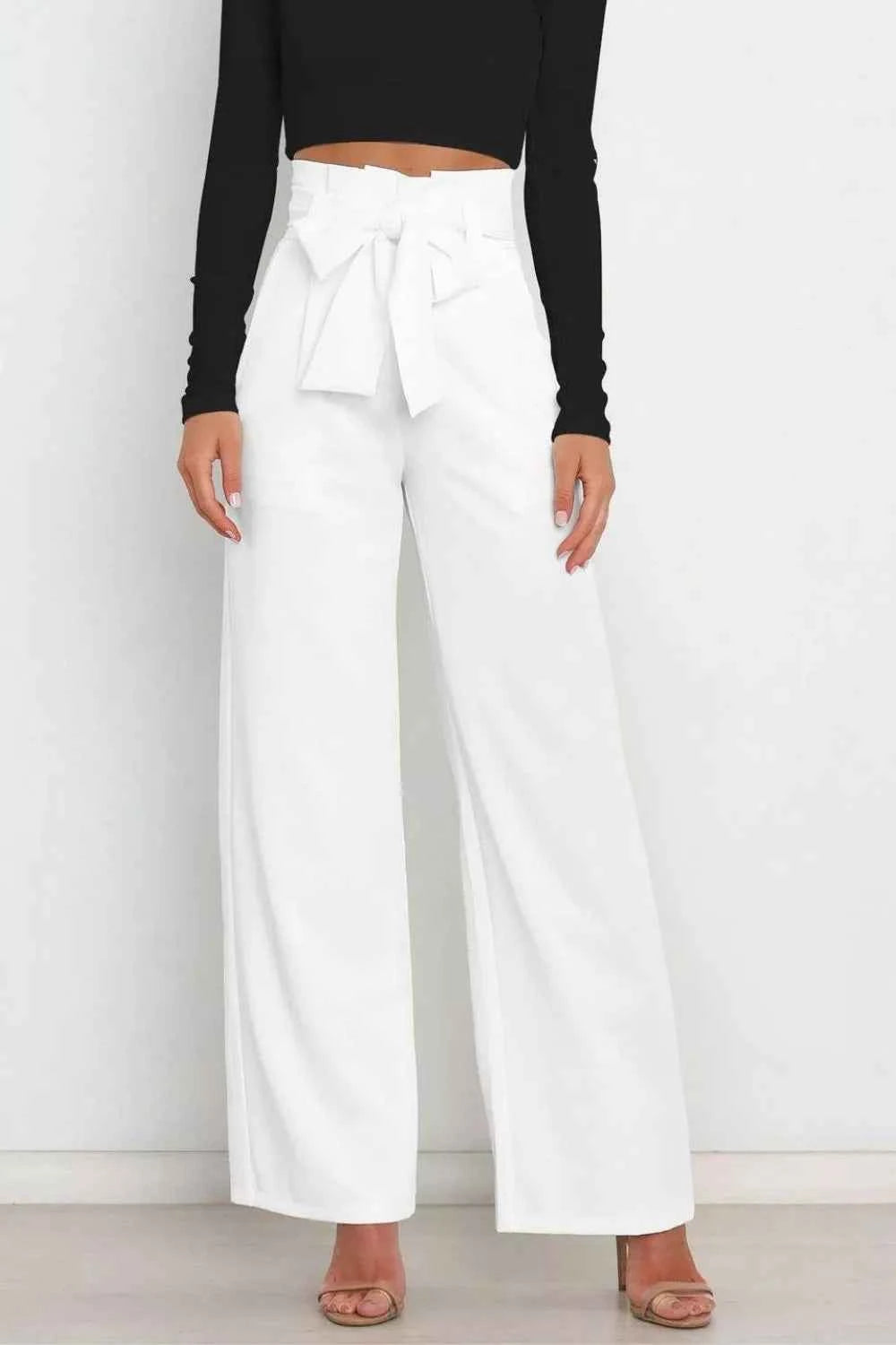 Sarah Express Women's High Waist Tie Front Wide Leg Pants - Pocketed Palazzo Trousers White