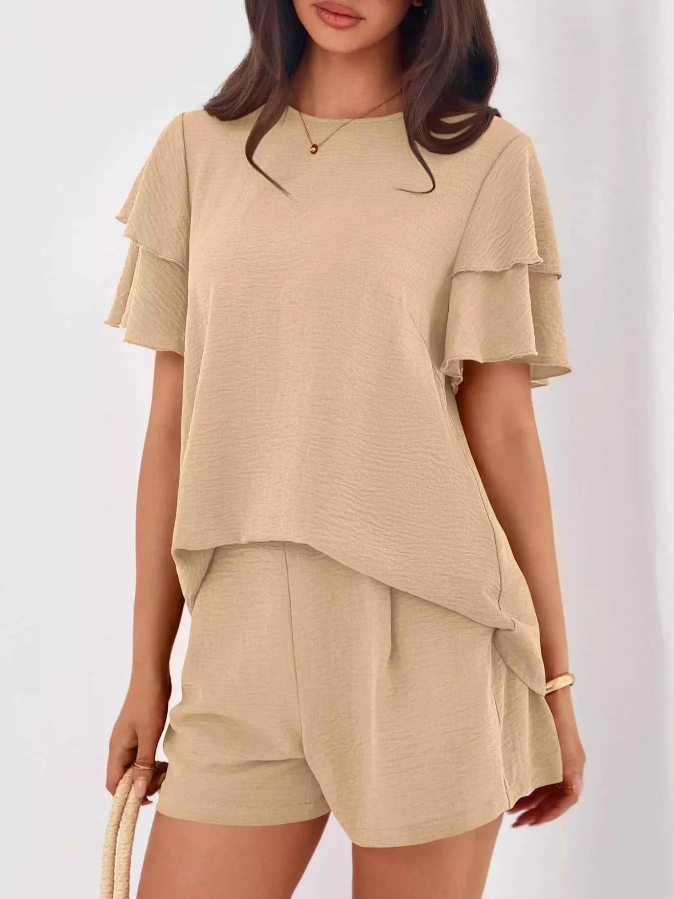 Sarah Express Women's Ruffle Sleeve Top and Shorts Two-Piece Set - Casual Summer Outfit