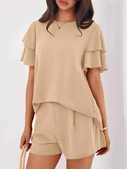 Sarah Express Women's Ruffle Sleeve Top and Shorts Two-Piece Set - Casual Summer Outfit
