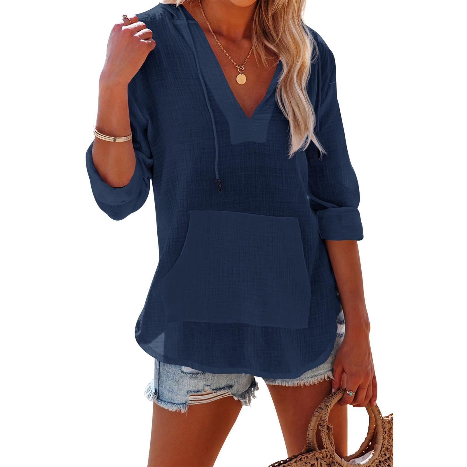 Sarah Express Women's V-Neck Hooded Shirt Long Sleeve Pockets Loose Fit