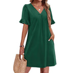 Sarah Express Women's V-Neck Ruffled A-Line Dress with Pockets Vacation Casual Short Sleeve