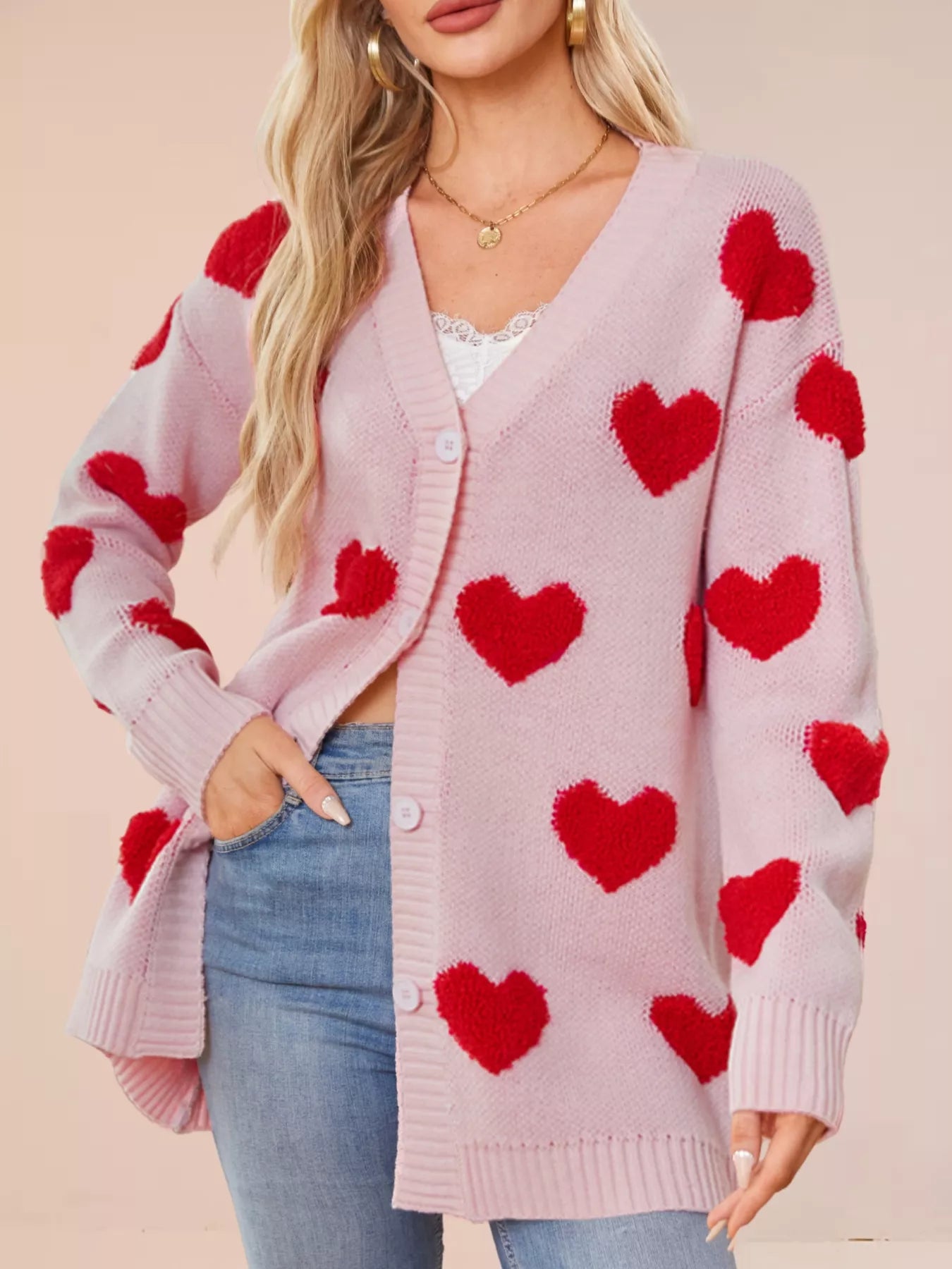 Sarah Express Women's Heart Pattern Knit Button-Up Cardigan