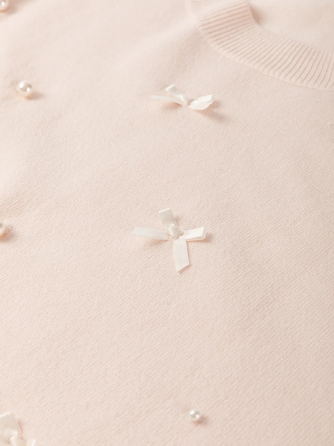 Sarah Express Women's Pearl Embellished Bow Detail Short Sleeve Sweater